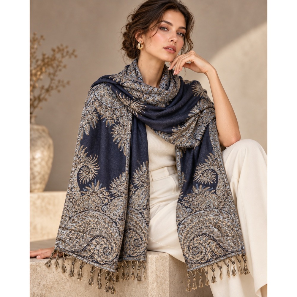 Y2K Navy Blue Gold Paisley Jacquard Pashmina Style Tassel Fringe Wrap Scarf